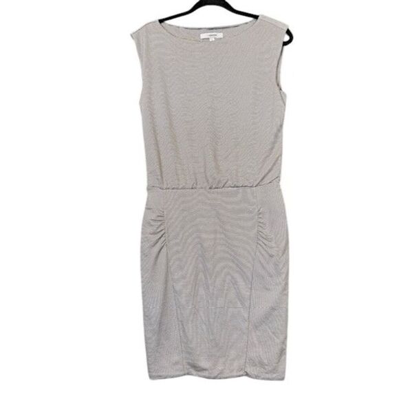 Athleta Micro Striped Westwood Dress Taupe White Ruched Sleeveless Oversized XS - Picture 2 of 11